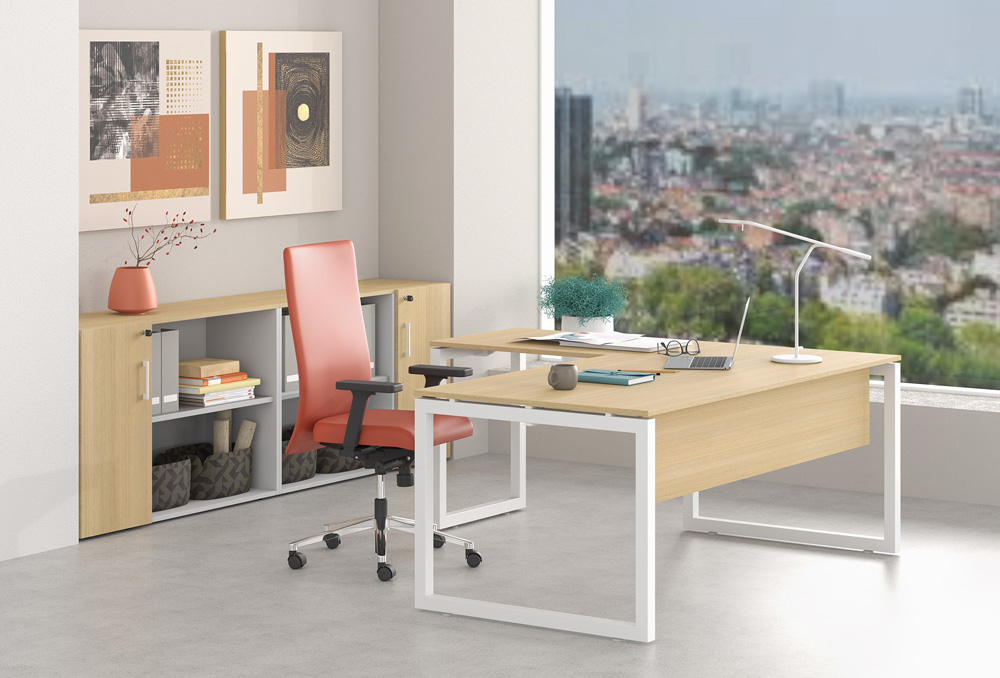 Γραφείο εργασίας Dromeas σειράς Neo O γωνιακό διάστασης 160Χ160Χ73Η με σκελετό σε απόχρωση υπόλευκο και επιφάνεια σε απόχρωση φυσικό δρυς