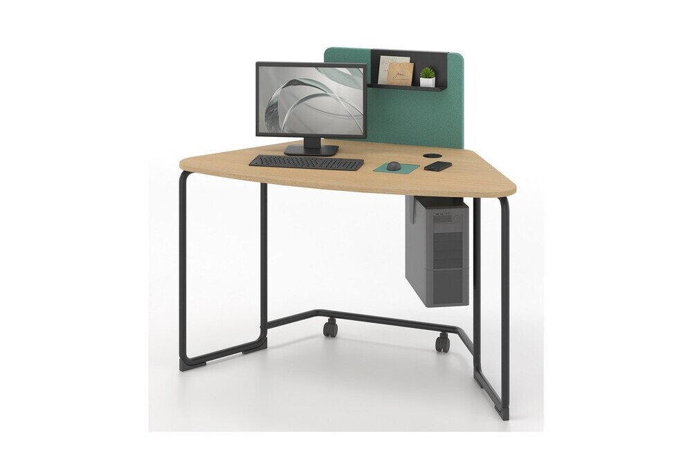 Γραφείο οικιακό Dromeas σειράς Officcino διάστασης 120Χ70Χ73Η σκελετός σε απόχρωση μαύρου και επιφάνεια σε φυσικό δρυς , με επενδεδυμένο διαχωριστικό , ραφάκι κρεμαστό επί διαχωριστικού και αναρτώμενη – ρυθμιζόμενη βάση Η/Υ